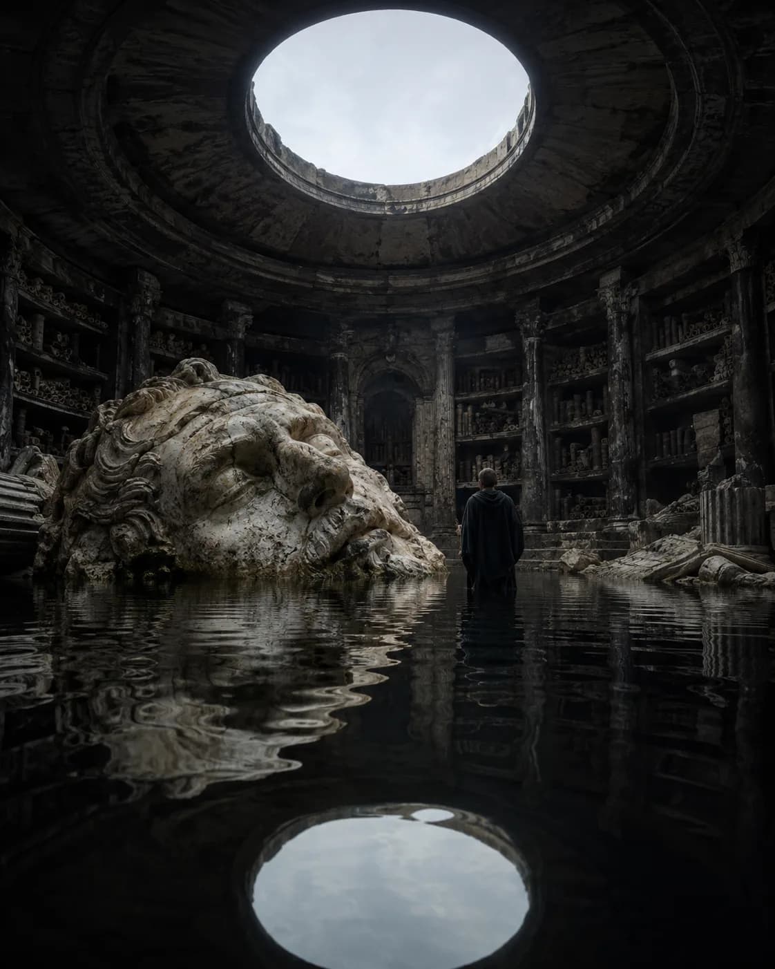 A flooded rotunda library with a fallen marble head, its oculus reflected as a pale disc on the black water