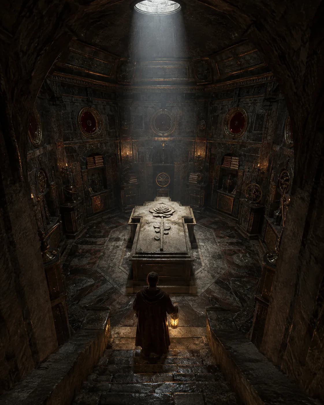 A lantern-bearing figure descending stone stairs into a vaulted chamber, a rose and cross carved on the tomb at its centre