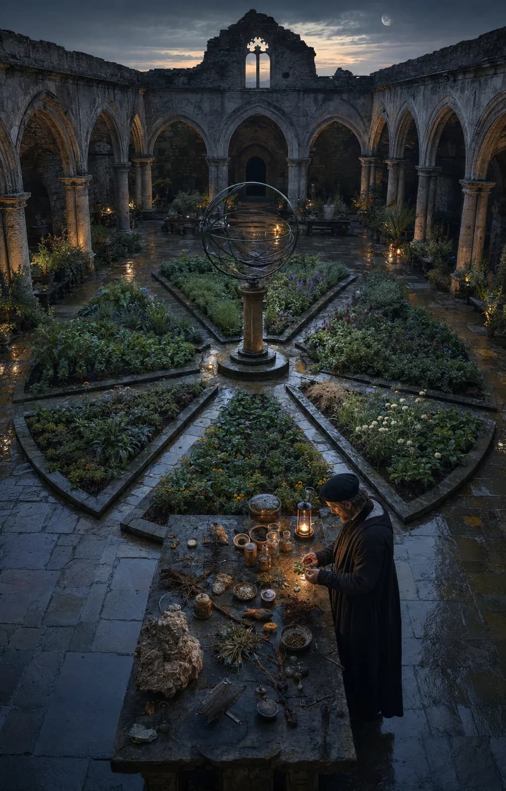 A cloister physic garden at dusk, beds laid out around a central armillary sphere, an apothecary sorting specimens by lamplight