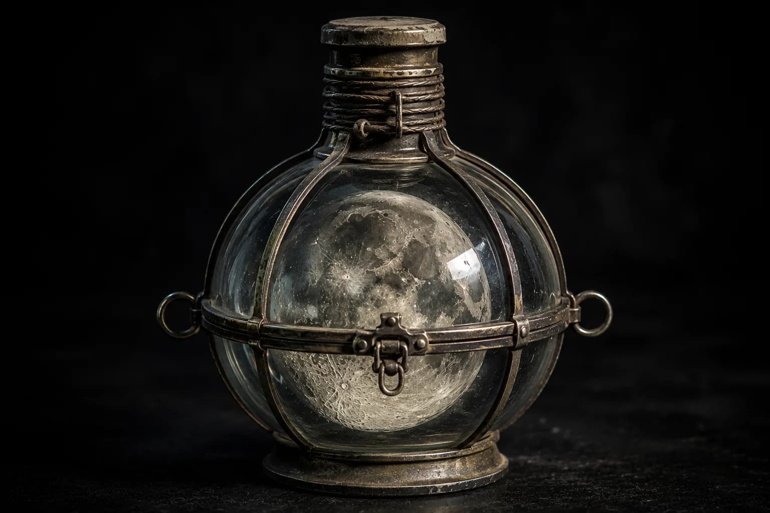 A full moon sealed inside a caged glass flask bound in tarnished brass