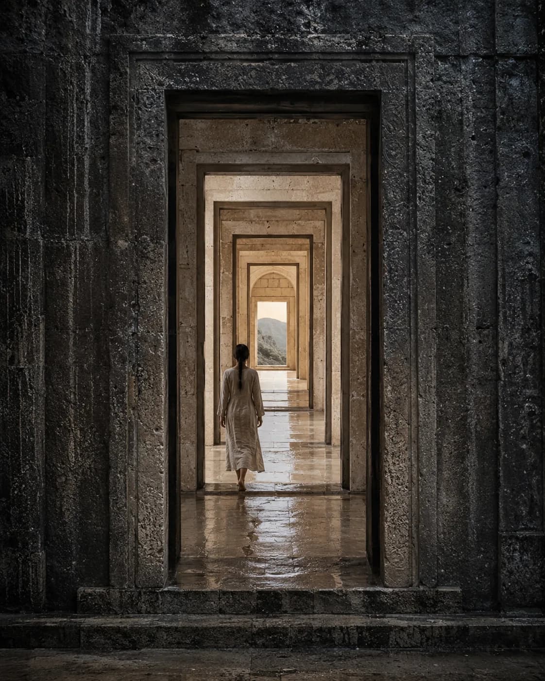 A woman in plain linen walking barefoot through a long recession of nested stone doorways toward distant daylight