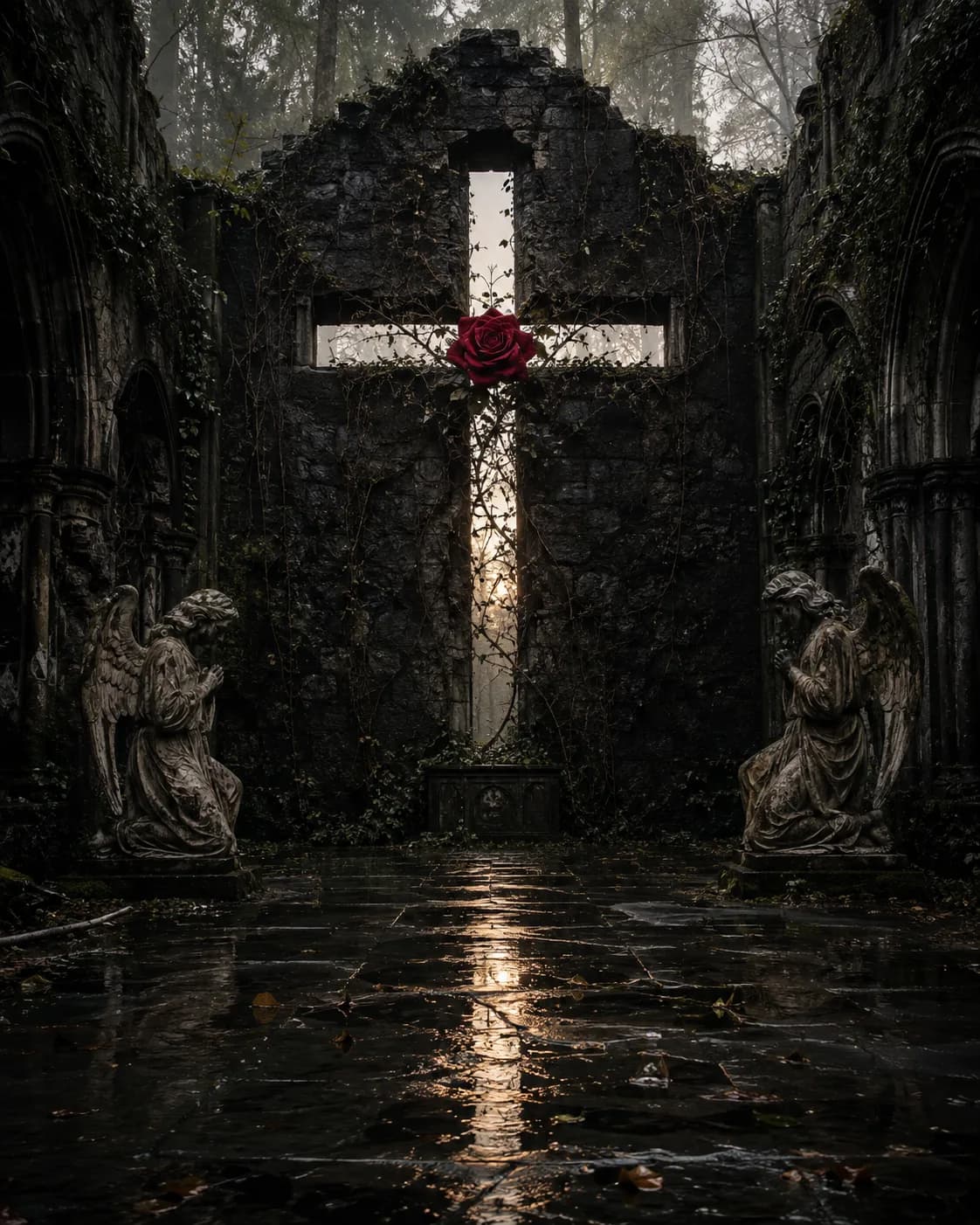 A stone cross set in a ruined chapel wall, wound with ivy and bearing a single deep red rose, two kneeling angels facing it across wet flagstones