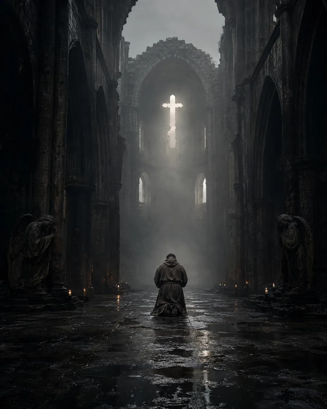 A hooded figure kneeling in a ruined nave before a cross of light, weeping angels flanking the aisle and candles burning on the wet stone