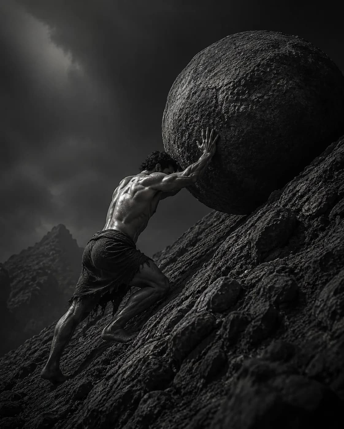 A figure braced against a vast stone sphere on a dark volcanic slope beneath a heavy sky