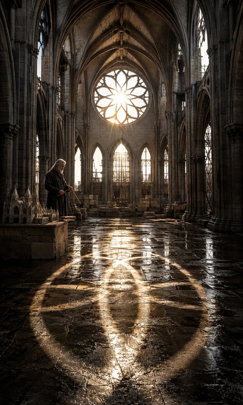 Low sun through a gothic rose window casting its full geometry across a wet stone floor, an architect at a scale model in the aisle
