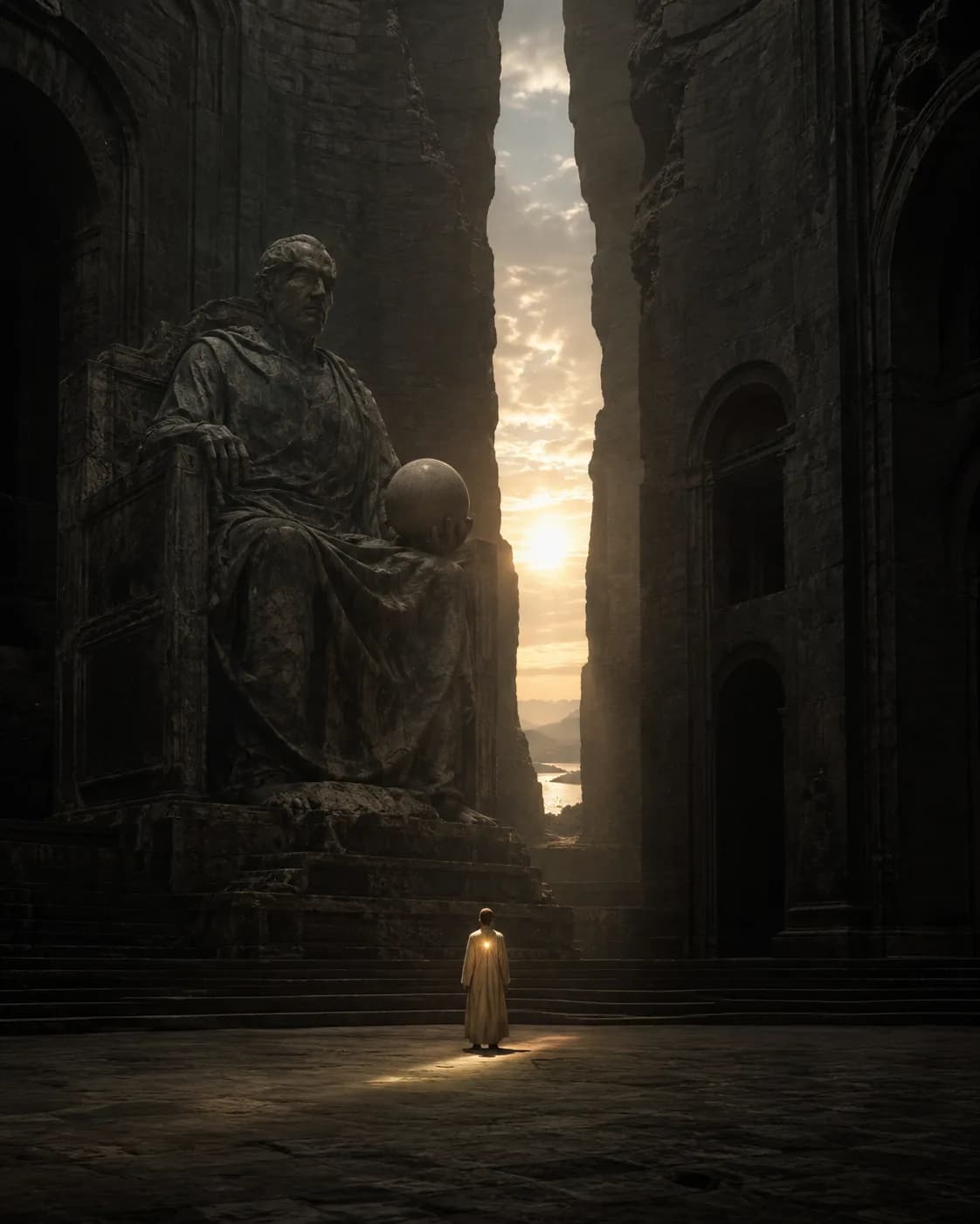 A small robed figure standing before an enormous seated statue that holds a stone sphere, a narrow chasm of sunset opening behind them