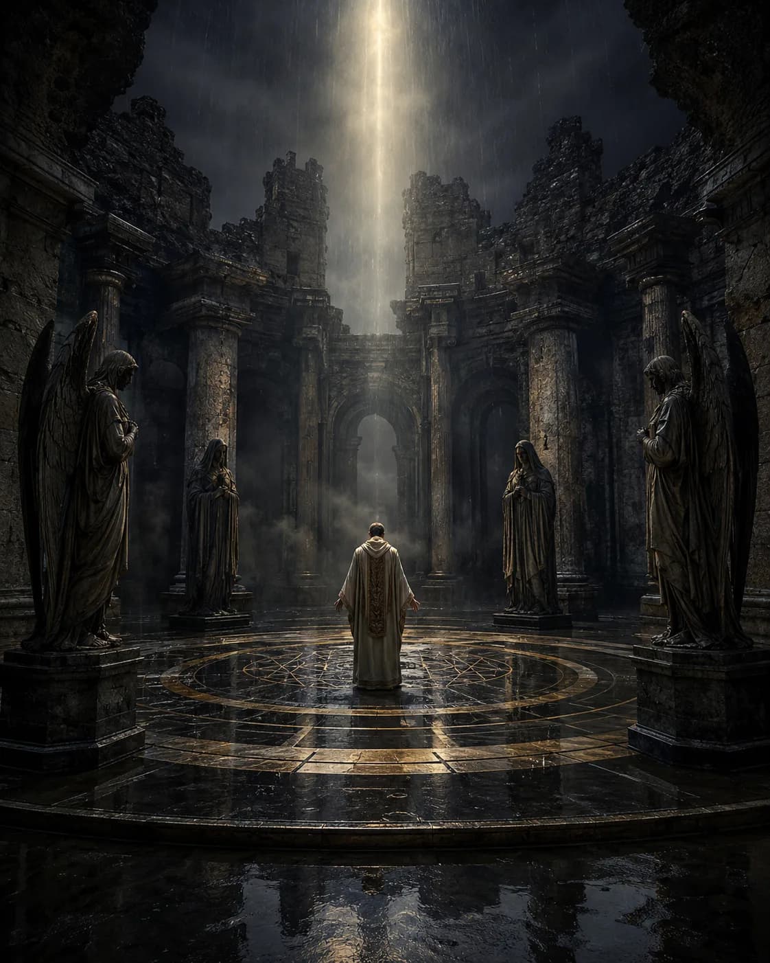 A robed figure standing inside a gilded circle inscribed on wet marble, veiled and winged statues surrounding the platform under a shaft of rain-lit sky