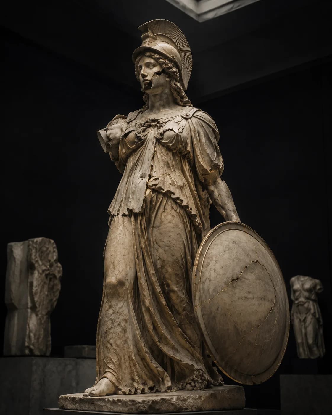 A marble statue of Athena in helmet and full drapery, one hand resting on a cracked round shield, lit against a dark gallery wall