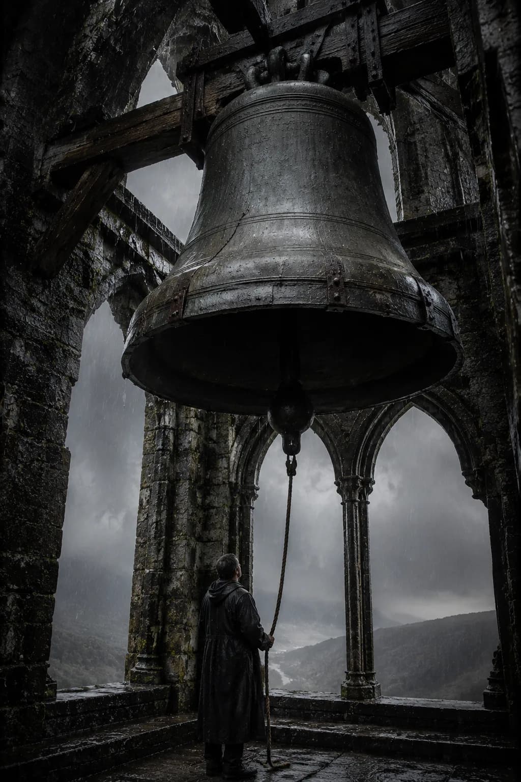 A great bronze bell hung in a ruined stone tower, a lone figure below holding its rope as rain falls across the valley