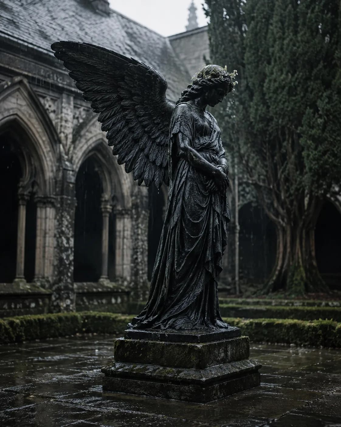 A dark bronze winged figure standing in a rain-soaked cloister garden, head bowed, wildflowers caught in her hair