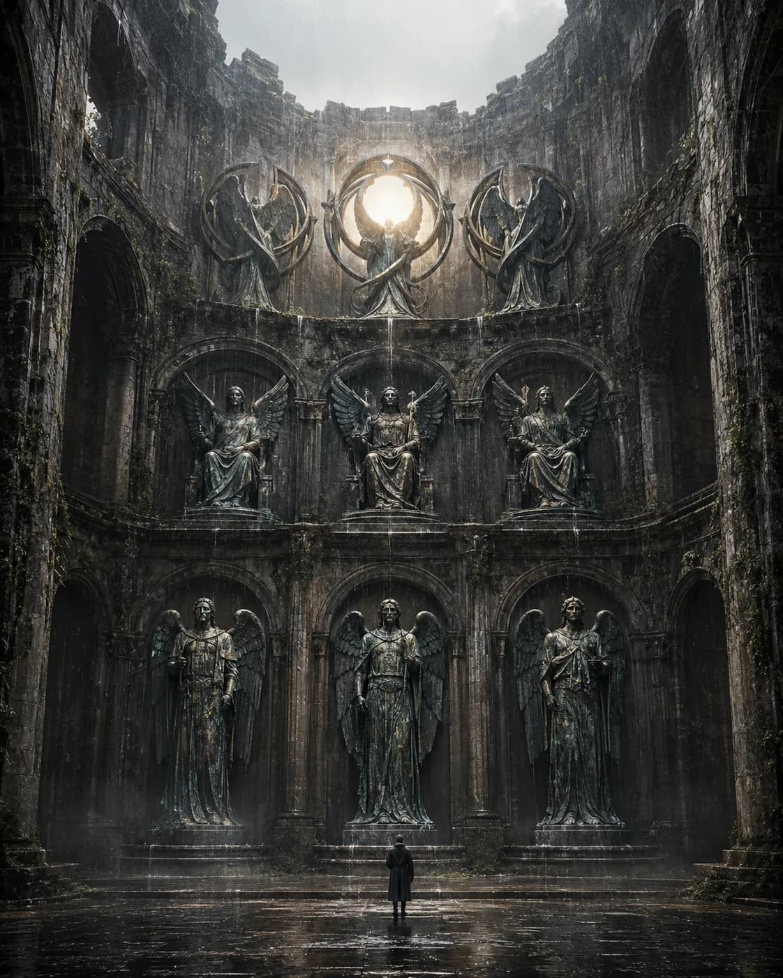 Tiers of winged stone figures ranked across a ruined amphitheatre wall beneath a radiant opening