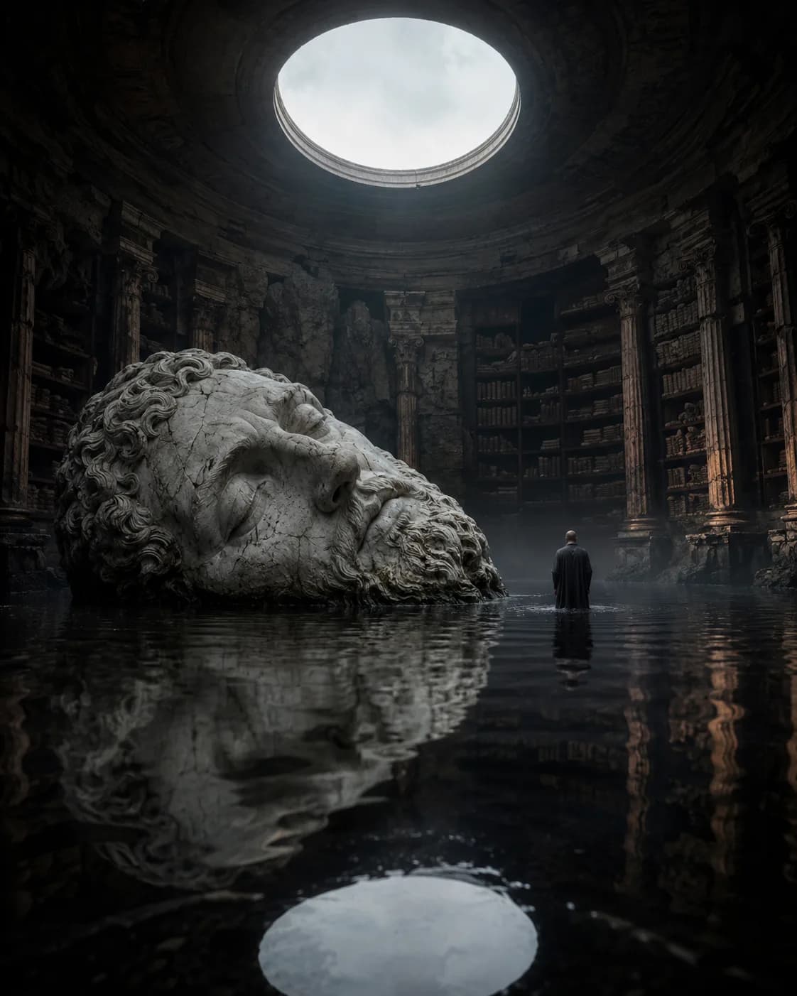 A colossal marble head half-submerged in still water beneath a domed library, its shelves of scrolls rising into the dark, an oculus open to the sky above