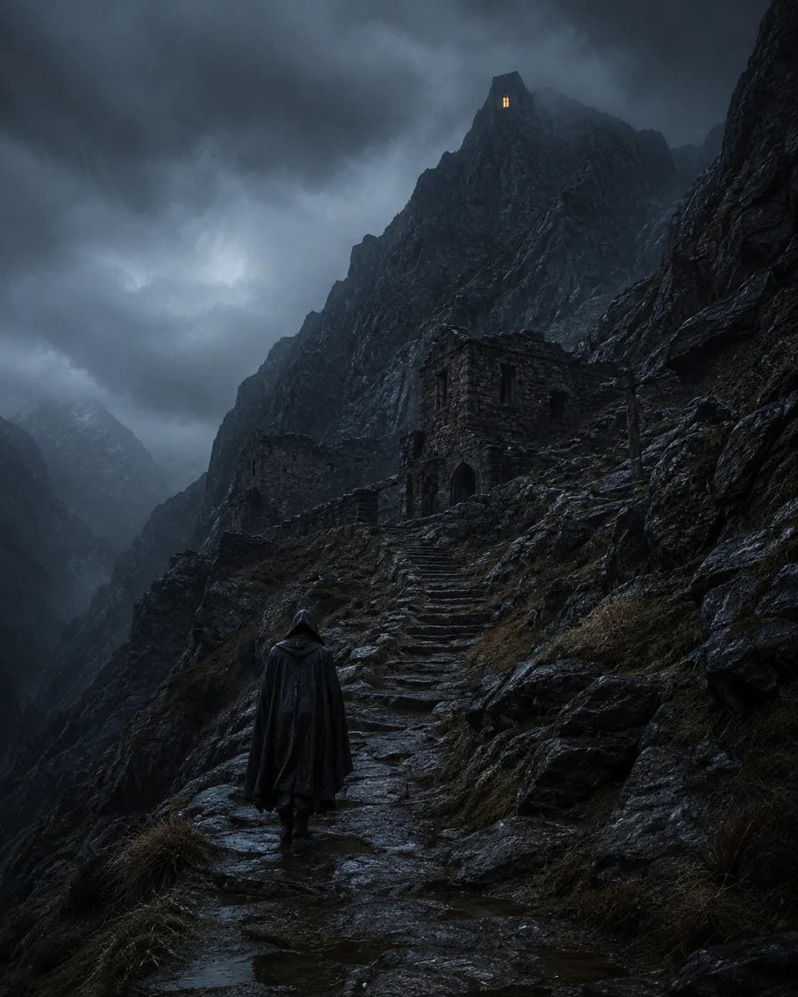 A hooded figure climbing a dark mountain path in the rain toward a single lit window high in a ruined keep