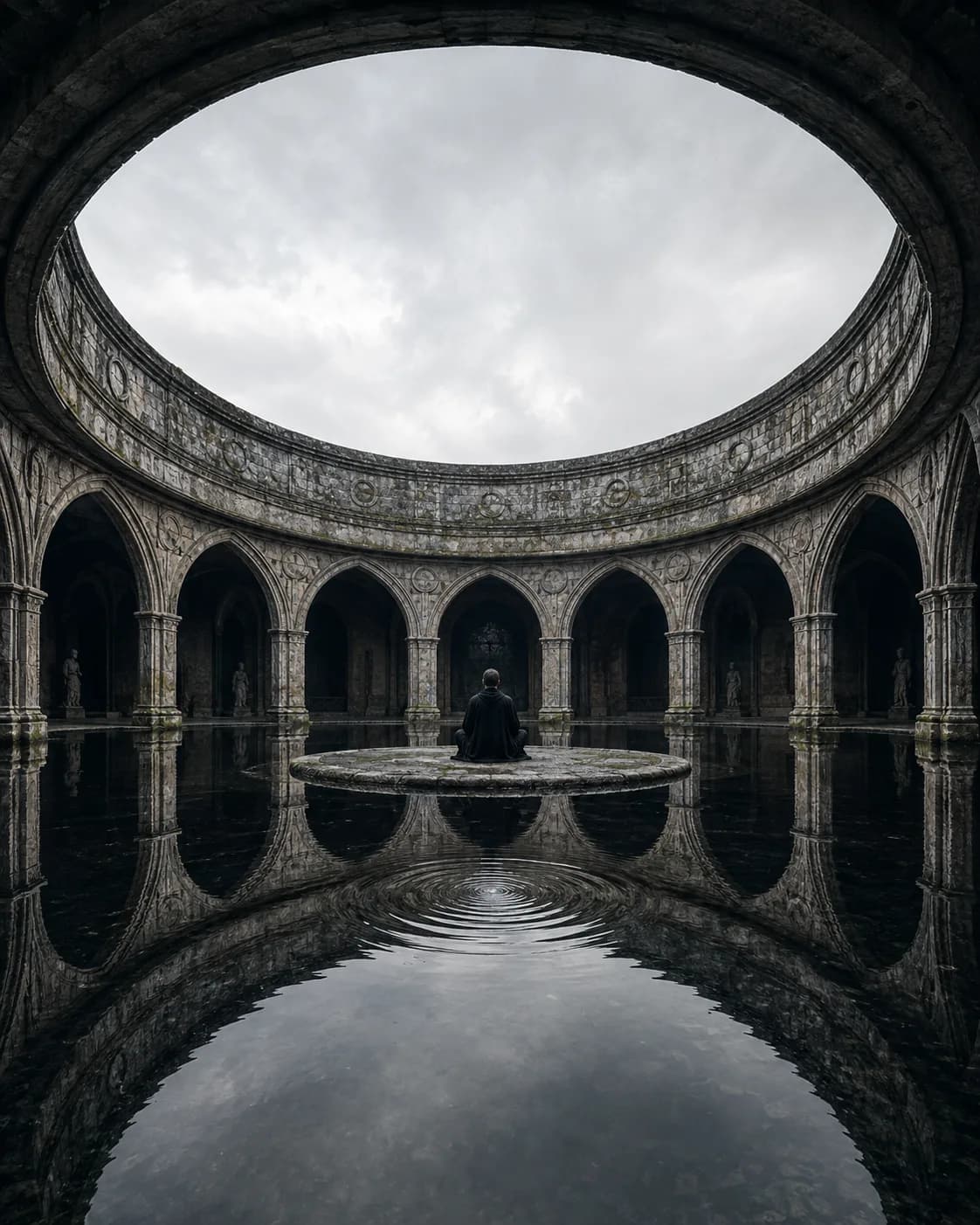 A figure seated on a round stone island at the centre of a flooded rotunda open to the sky, a ring of ripples spreading toward the arches
