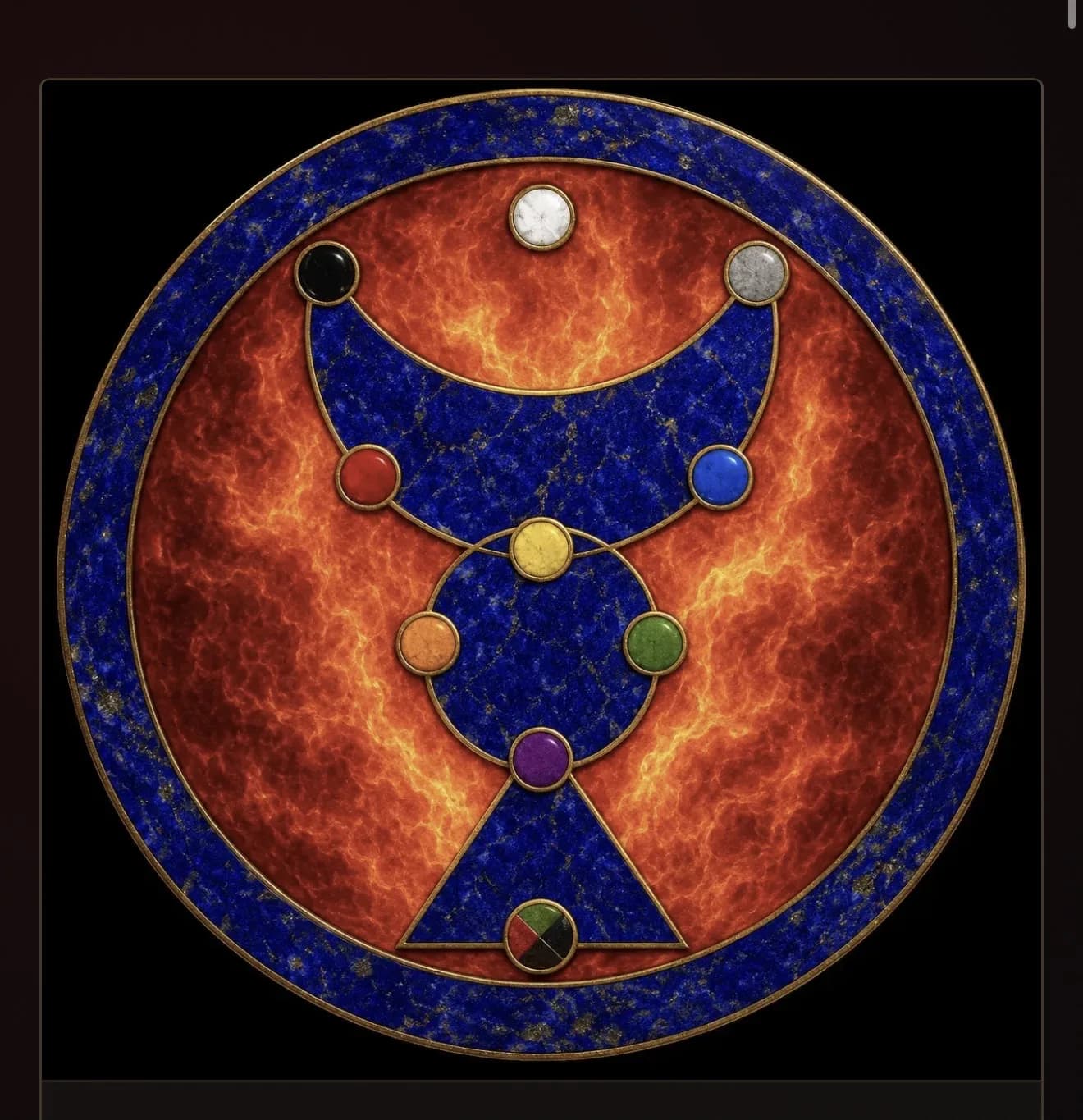 A disc of lapis and fire bearing the ten sephiroth as coloured gemstones set on a crescent, a circle, and a triangle, rimmed in gold
