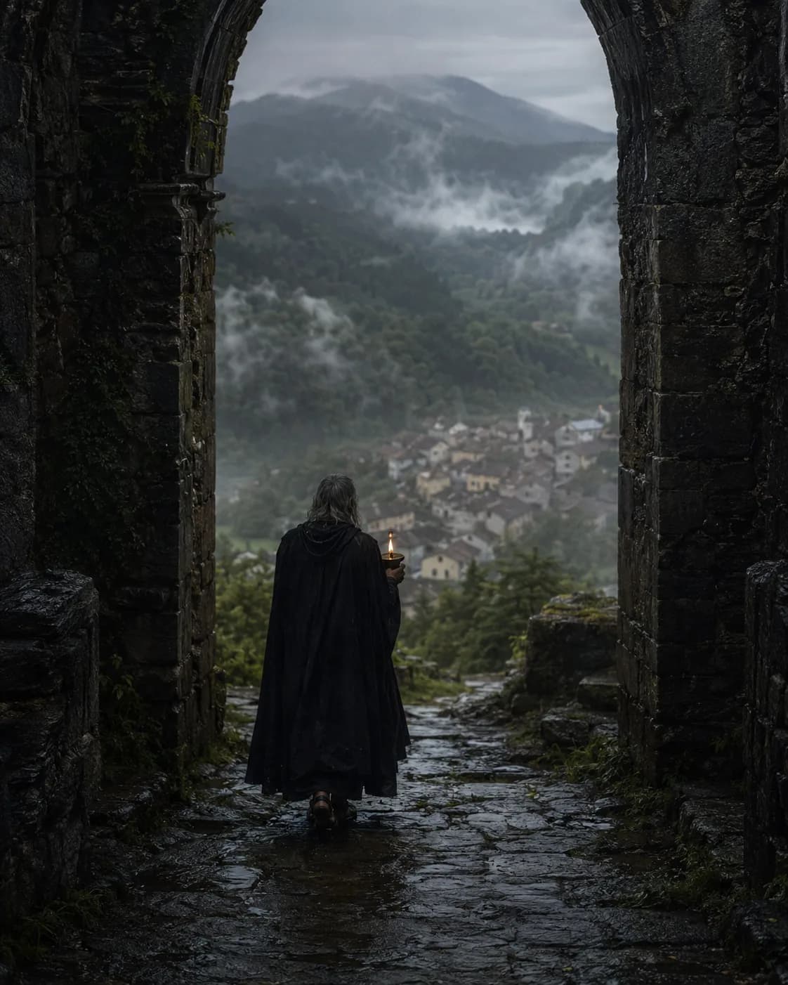 A cloaked figure carrying a lantern down a wet stone path toward a lamplit town below