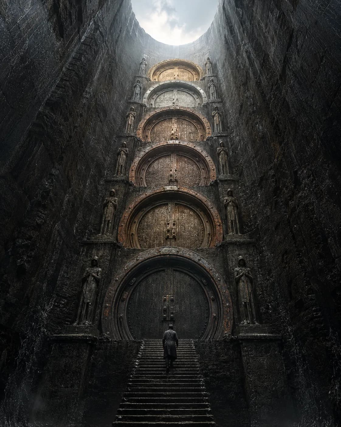 Seven great circular doors of different metals stacked up a well of dark stone, a figure climbing the stair toward the lowest gate