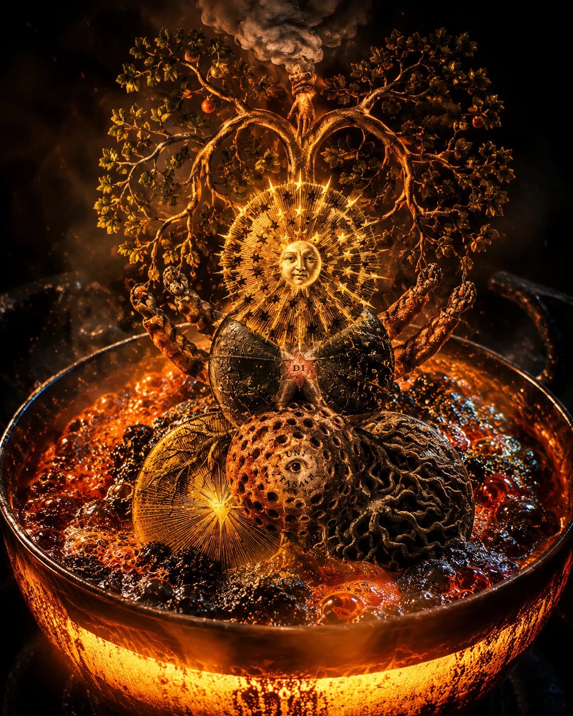 A glass vessel of molten, bubbling gold from which a branching tree rises, crowned by a radiant sun face, celestial spheres, and an all-seeing eye