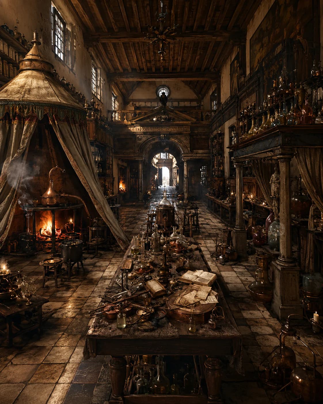 A Renaissance alchemical laboratory: alembics and copper stills over an open fire, glassware crowding a long table, open manuscripts, and a lit archway beyond