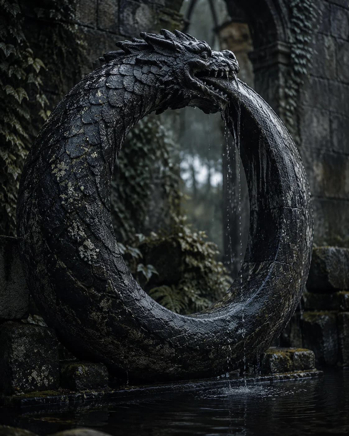 A weathered stone ouroboros — a scaled dragon biting its own tail — spilling water into a dark pool within a ruined, ivy-covered arch