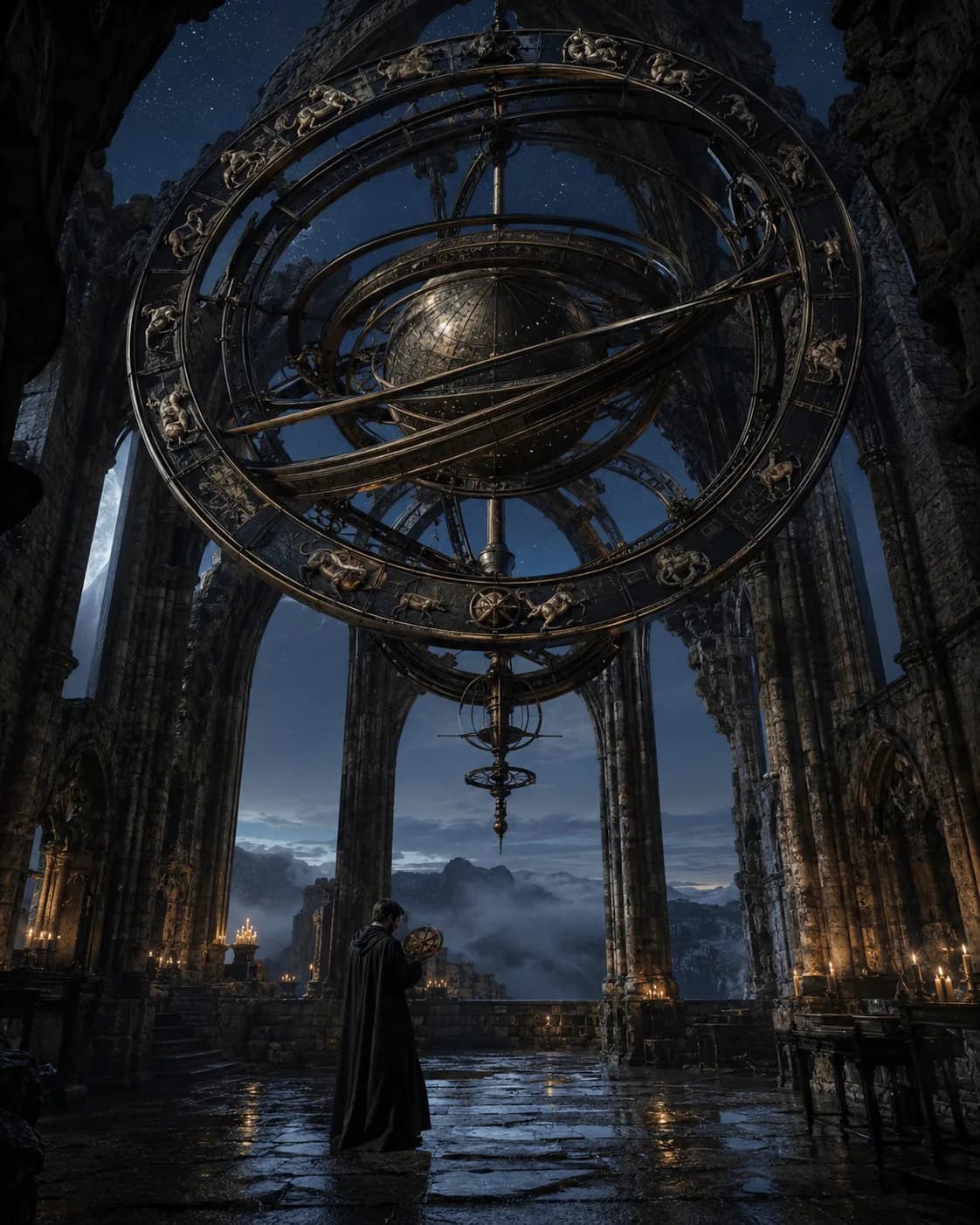 A vast brass armillary sphere hung in a roofless gothic hall, its zodiacal band lit against a field of stars