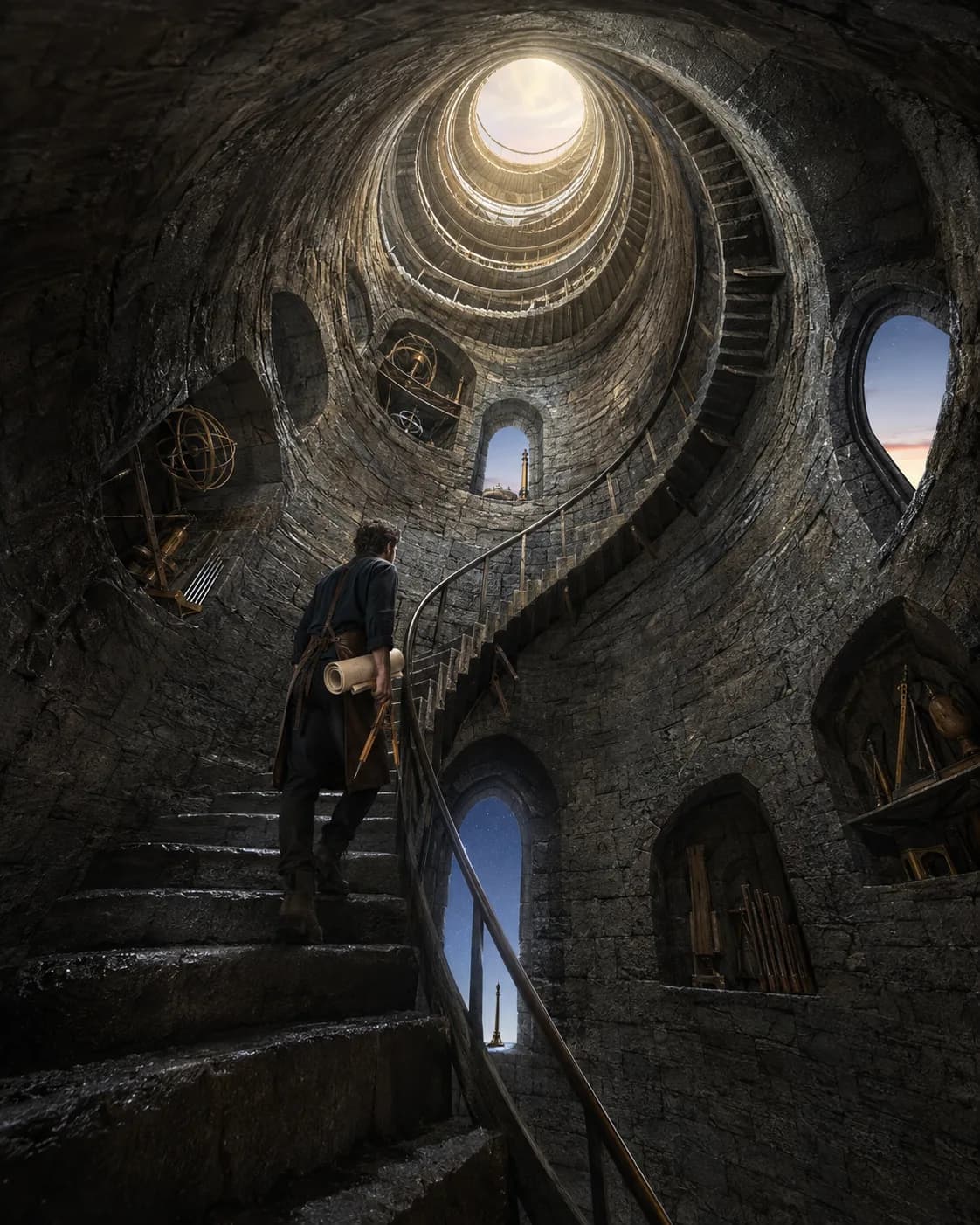 An astronomer with a rolled chart and dividers climbing a spiral stair inside a stone tower, armillary spheres and instruments in the niches, daylight falling through the opening far above