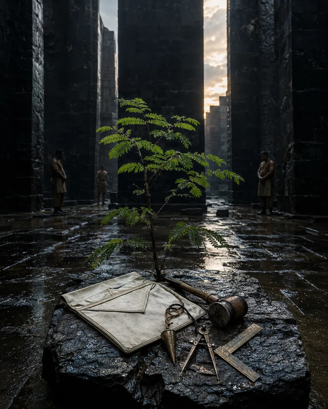 A sprig of green acacia growing from a rough stone on which a white lambskin apron, mallet, plumb, square and compasses are laid, in a dark hall of pillars