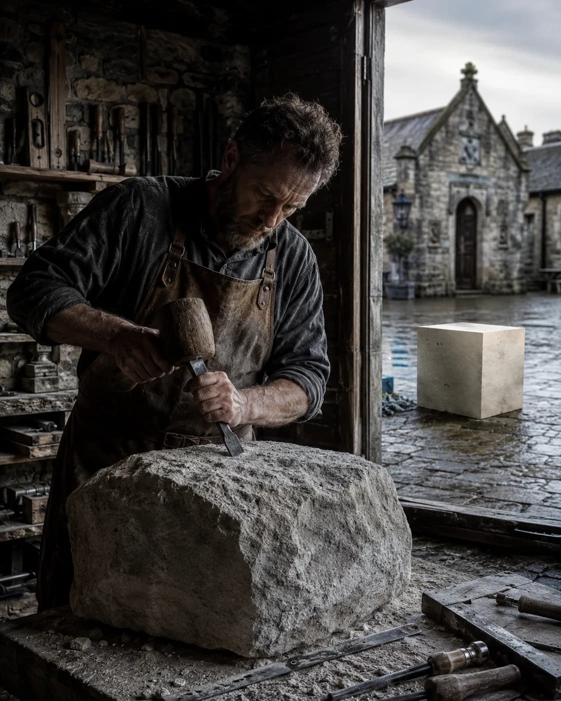 A stonemason cutting a rough block with mallet and chisel in his workshop while a finished, perfect cube stands in the courtyard behind him