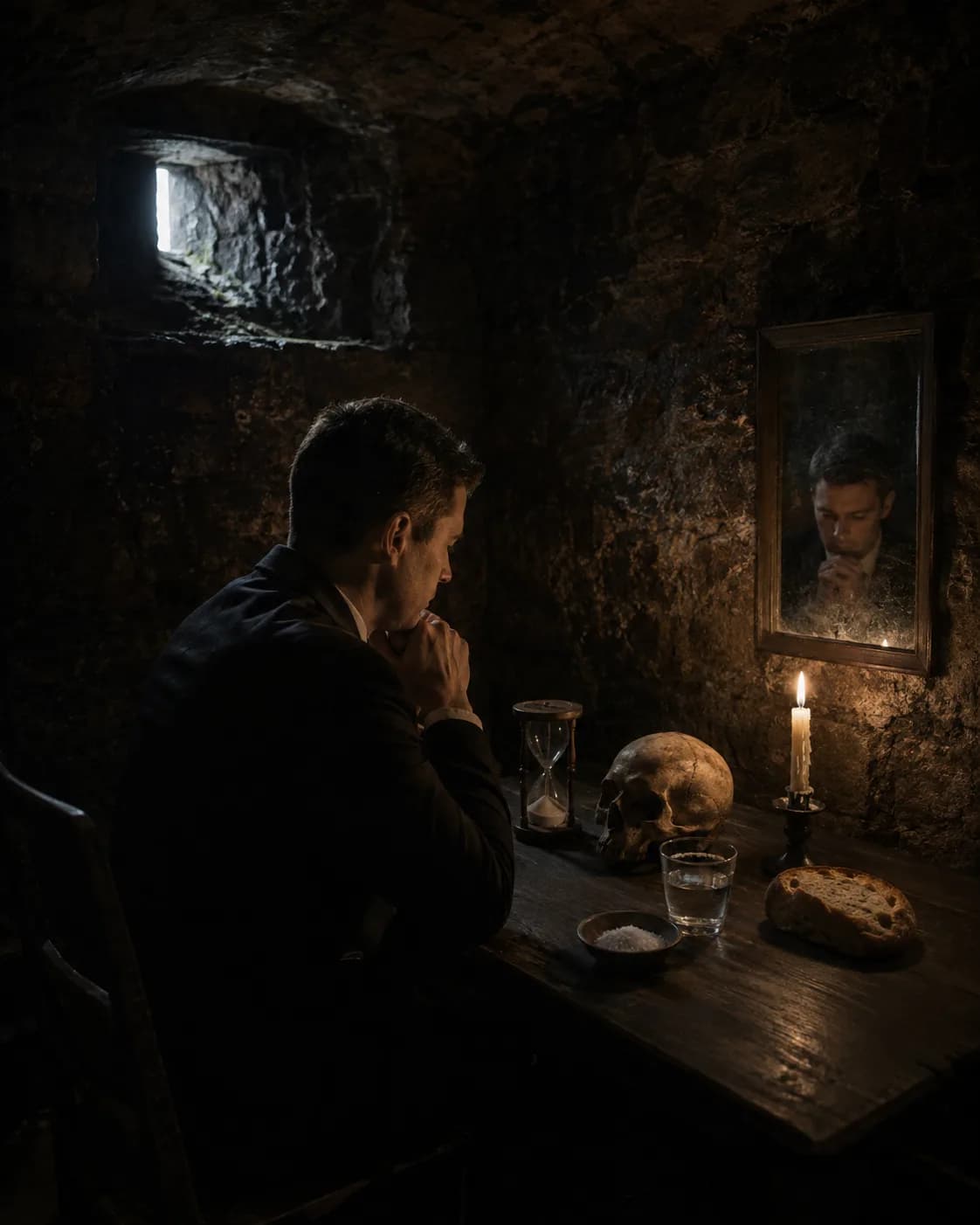 A man seated alone at a candlelit table in a stone cell, before a skull, an hourglass, bread, salt, water, and a clouded mirror