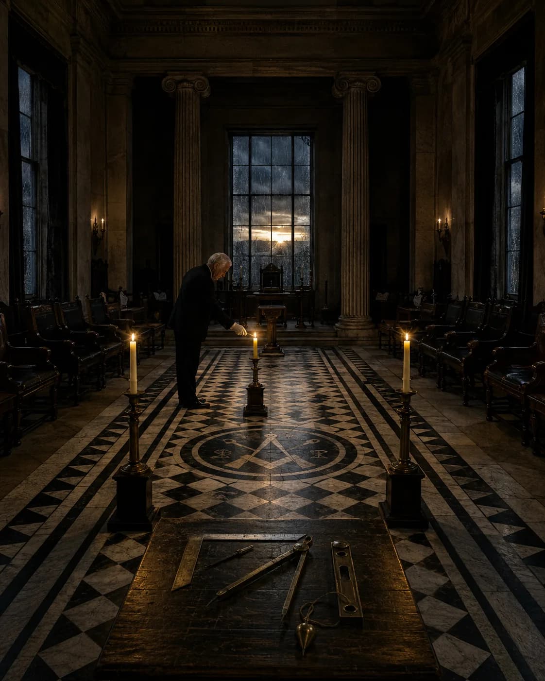 An elderly officer in gloves lighting three candles in a dark lodge room, square and compasses inlaid on the chequered floor, working tools on a table in the foreground
