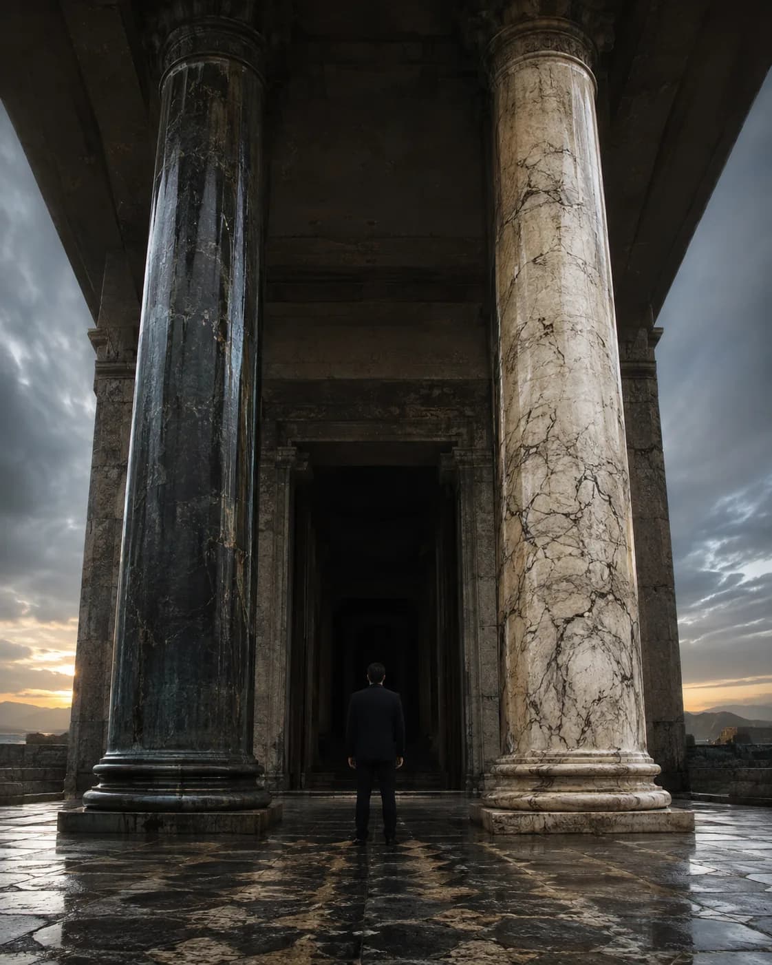 A man standing between two colossal pillars, one of dark marble and one of light, at the porch of a temple against a stormy sunset