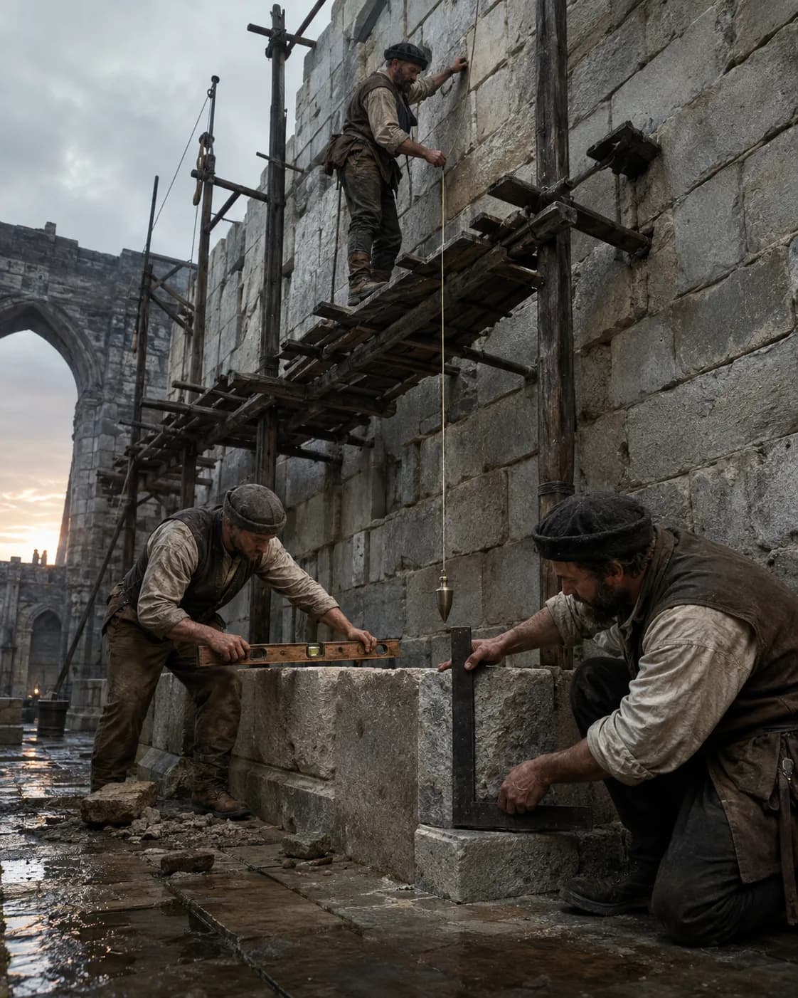 Three masons working a wall at dusk — one on a scaffold dropping a plumb line, one levelling a course, one squaring a block