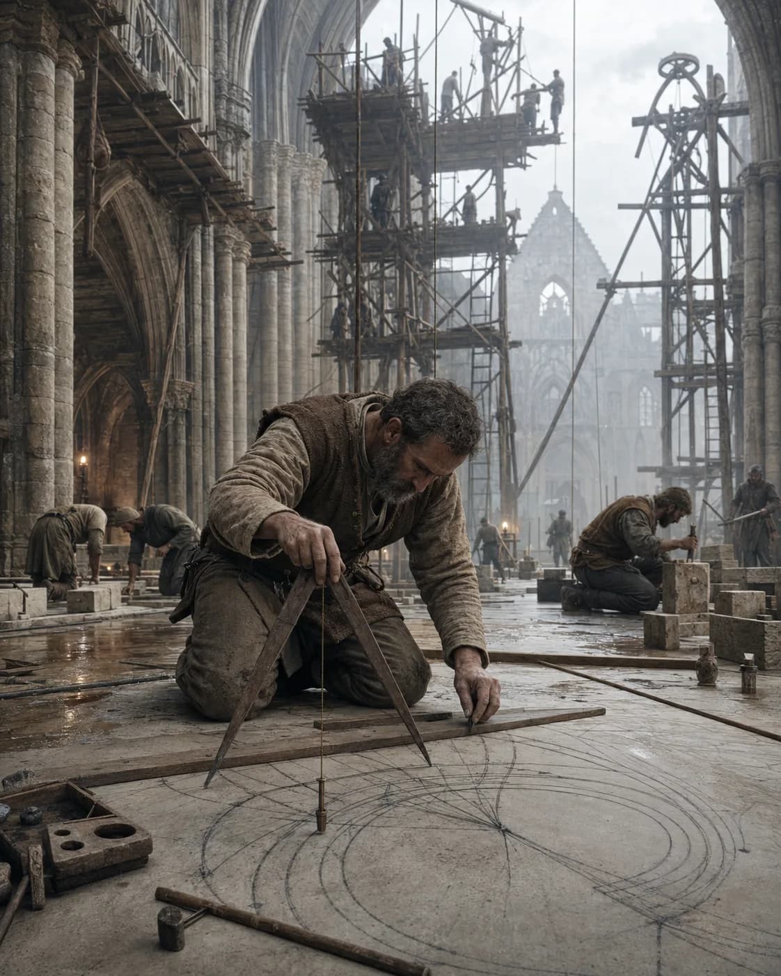 A medieval master mason kneeling on a cathedral floor, striking arcs with great dividers amid scaffolding and working crews