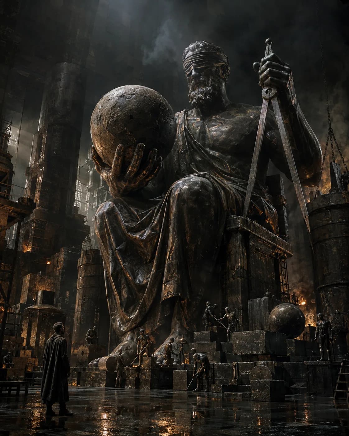A colossal blindfolded statue enthroned with a cracked globe in one hand and great compasses in the other, small figures labouring across the workshop below