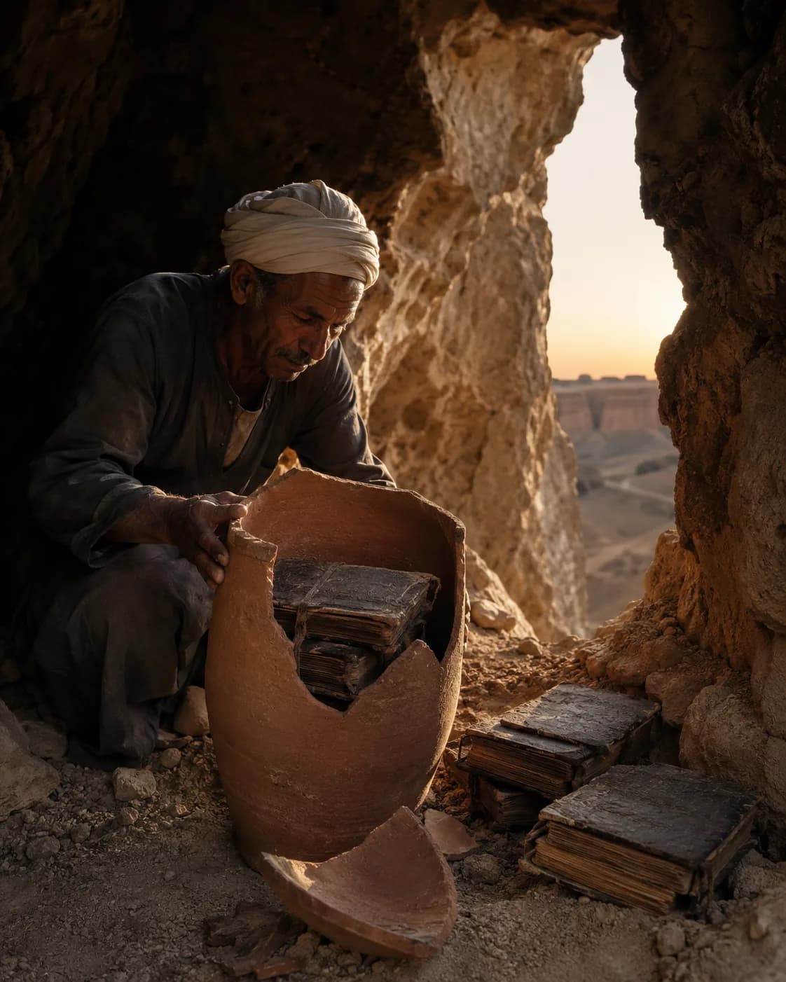 An Egyptian farmer crouched in a cliff hollow at sunset, examining leather-bound codices spilling from a broken clay jar