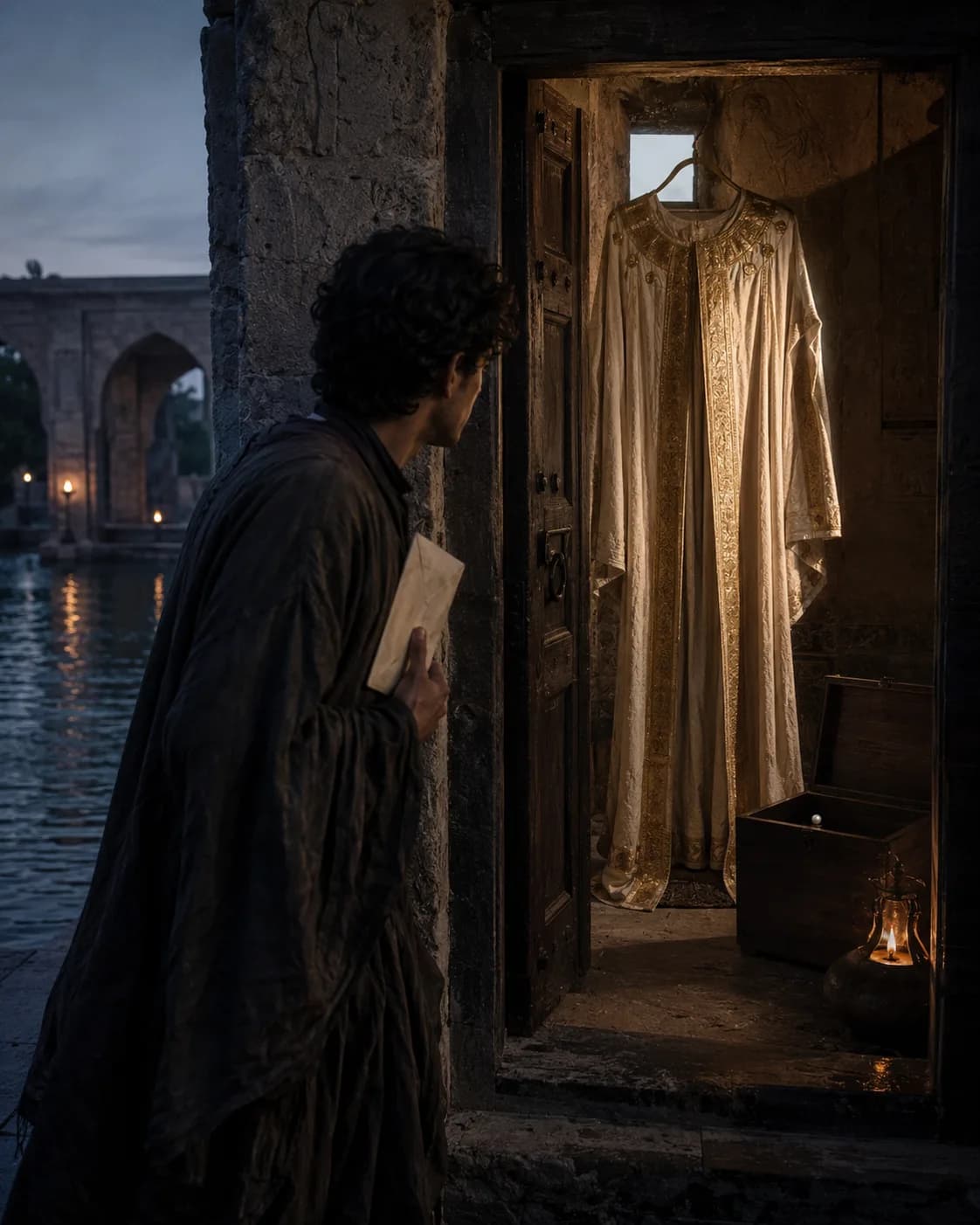 A traveller in a rough dark cloak pausing at a lamplit doorway where an embroidered white and gold robe hangs, a pearl resting in an open chest beside it