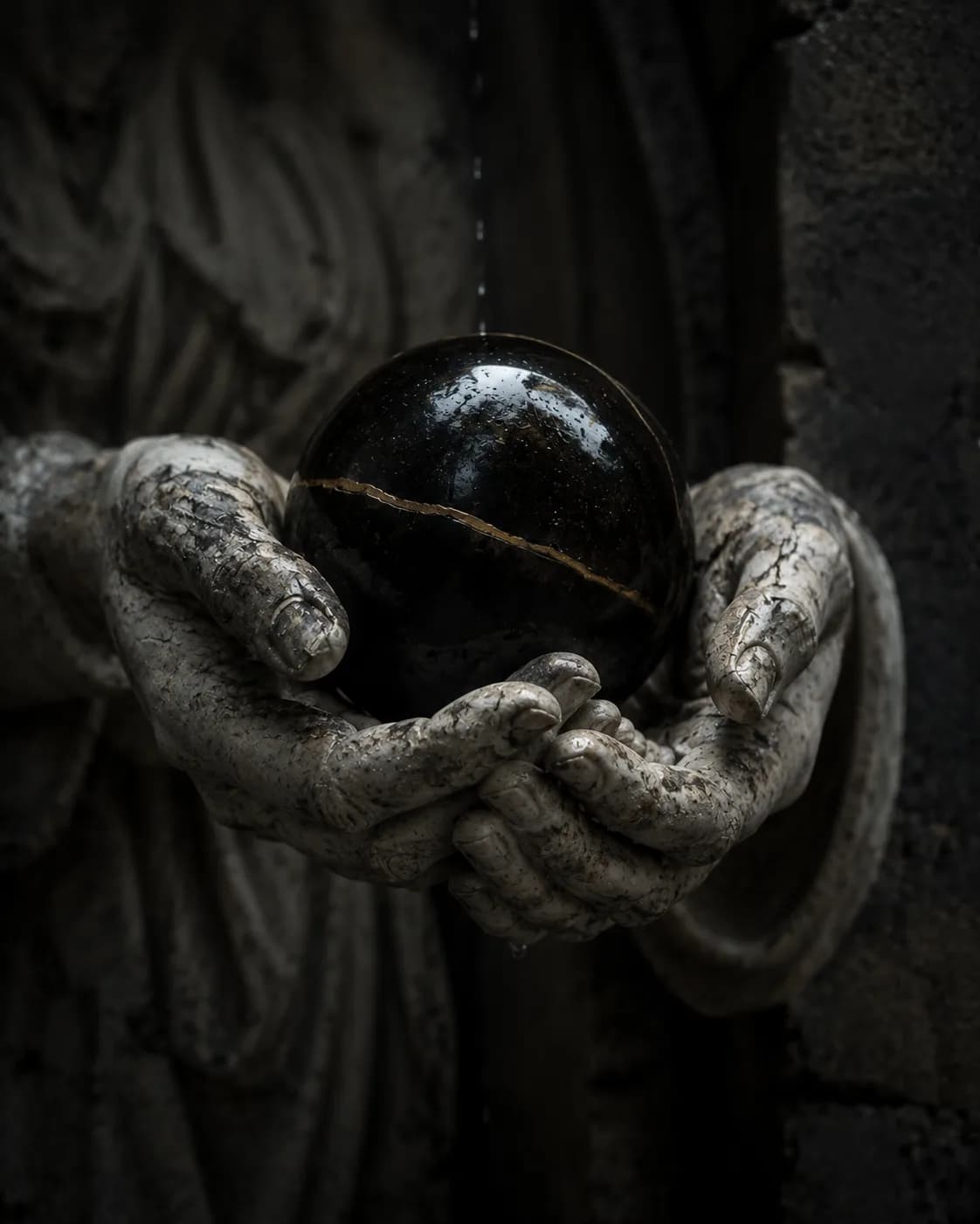 Weathered stone hands cradling a dark polished sphere that has been broken and rejoined along a single seam of gold