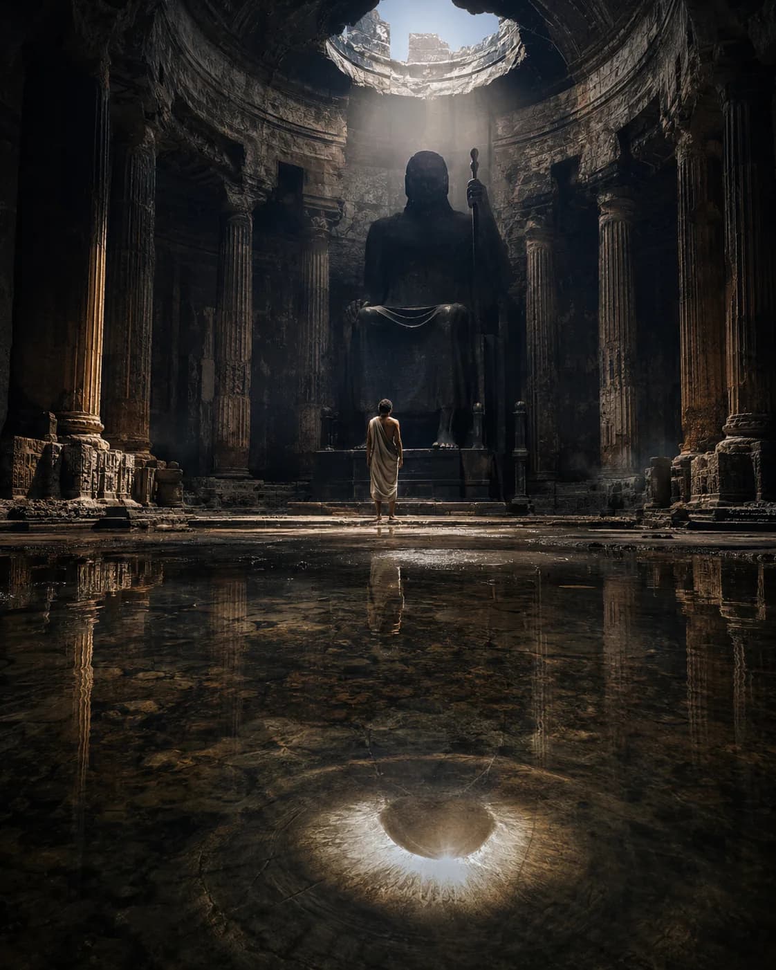 A robed man standing in a flooded, ruined rotunda before a colossal enthroned statue holding a staff, lit through a broken oculus