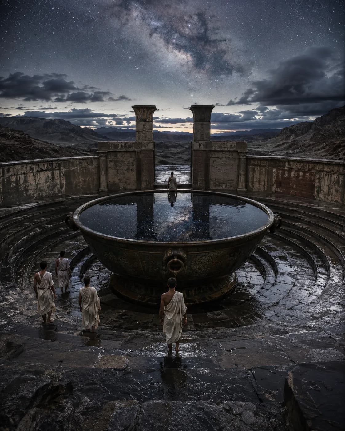 A great bronze basin brimming with dark water that mirrors the starry sky, robed figures descending wet steps toward it under the Milky Way