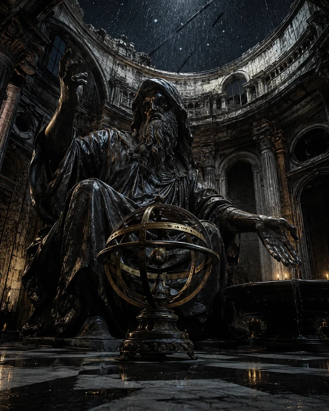 A colossal bronze figure of a hooded, bearded sage seated beside a gilded armillary sphere, one hand raised, rain falling through the open dome above
