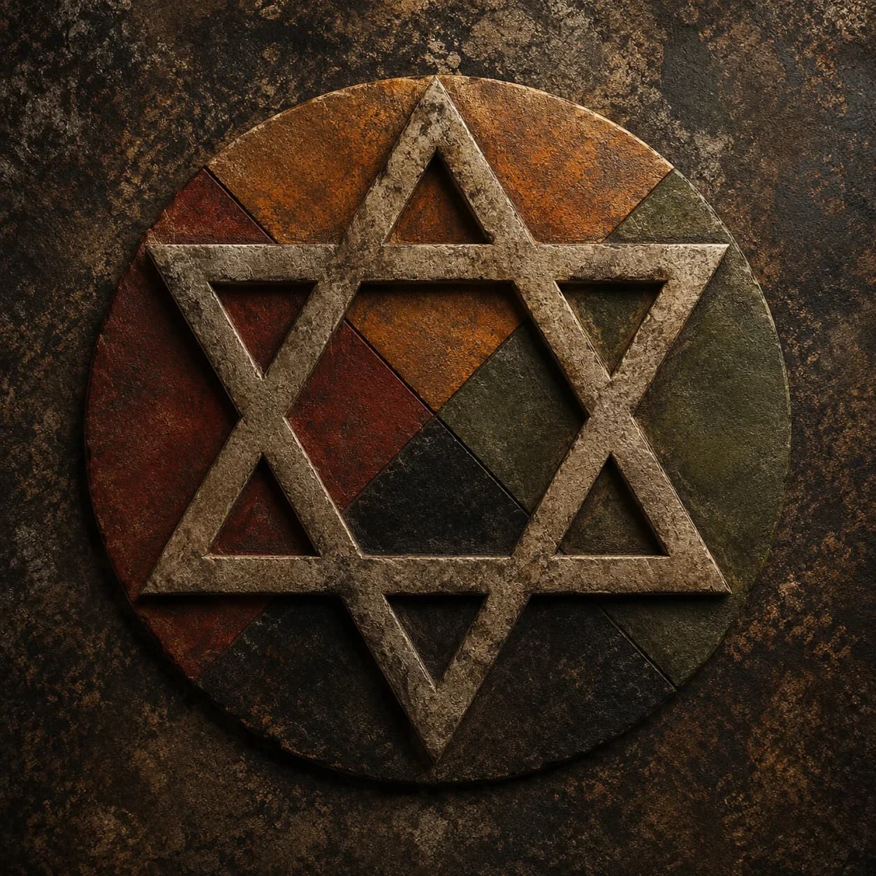 A hexagram cut in pale stone, set over a disc divided into quadrants of ochre, rust, olive and black