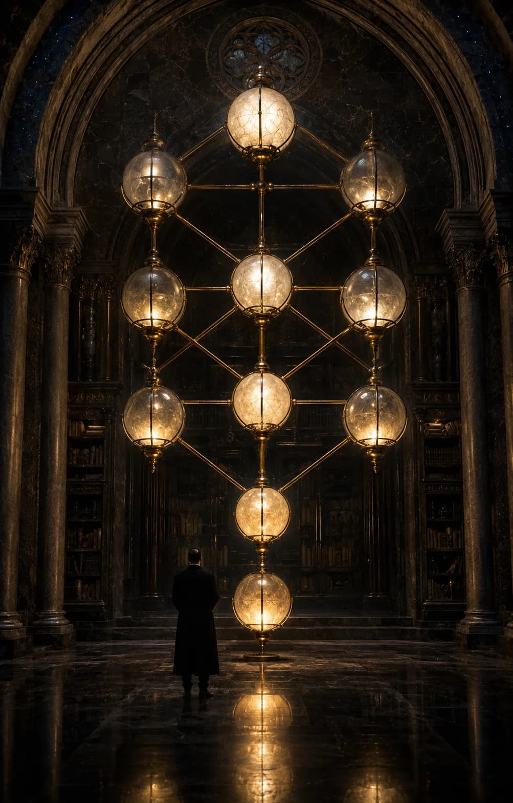 Ten lit glass globes joined by brass arms in the arrangement of the sephirot, standing in a dark library beneath a starlit vault