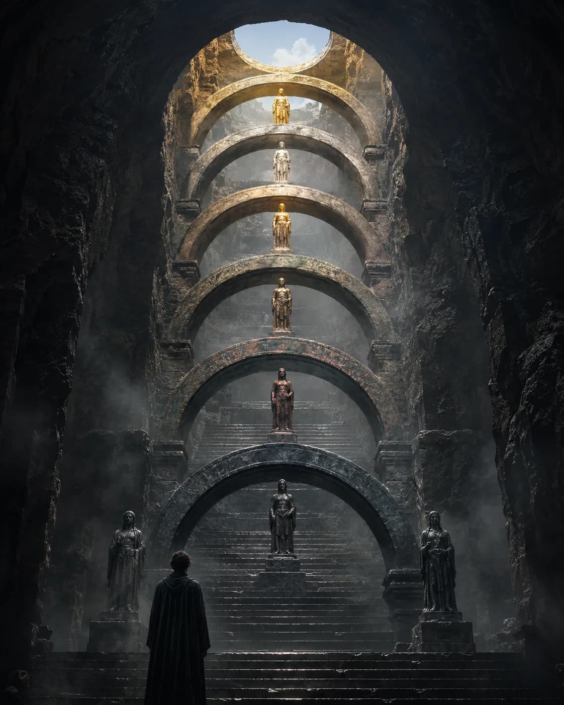 A stair rising through seven receding arches, each with a standing figure, the metals darkening to gold as the ascent reaches open sky
