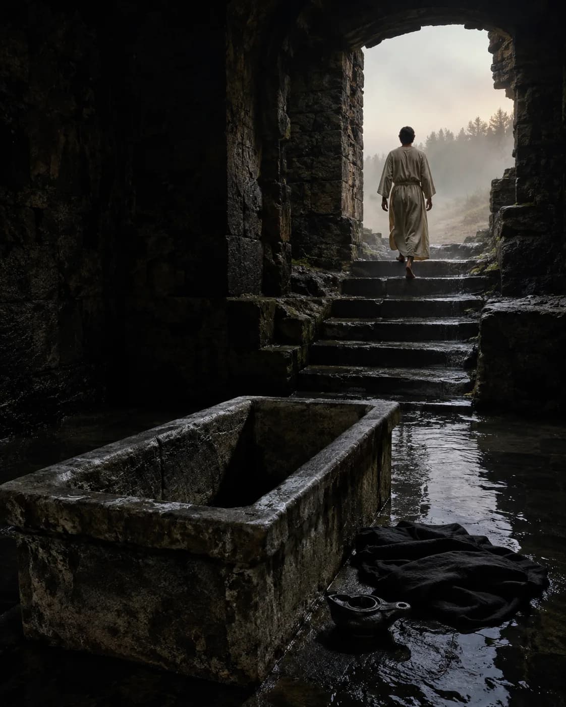 A stone trough of still water in a dark undercroft, discarded dark cloth beside it, a robed figure climbing wet steps out into pale mist