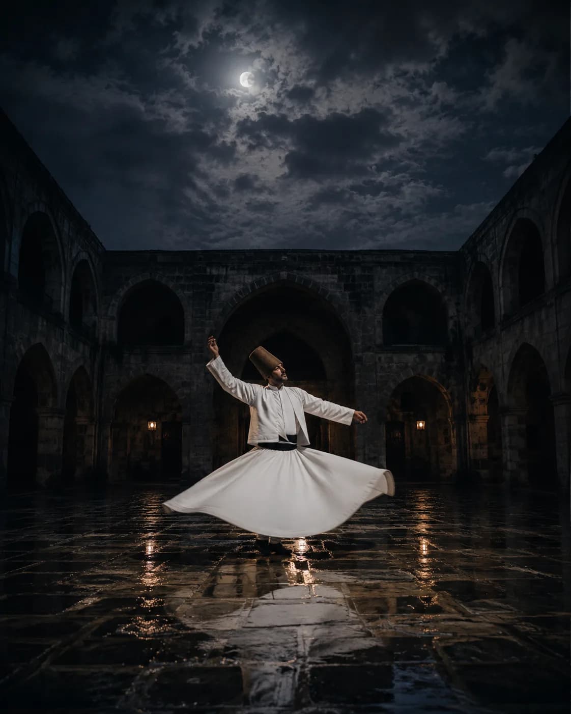 A Mevlevi dervish in white mid-turn on wet stone, skirt flared, beneath a moonlit courtyard of pointed arches