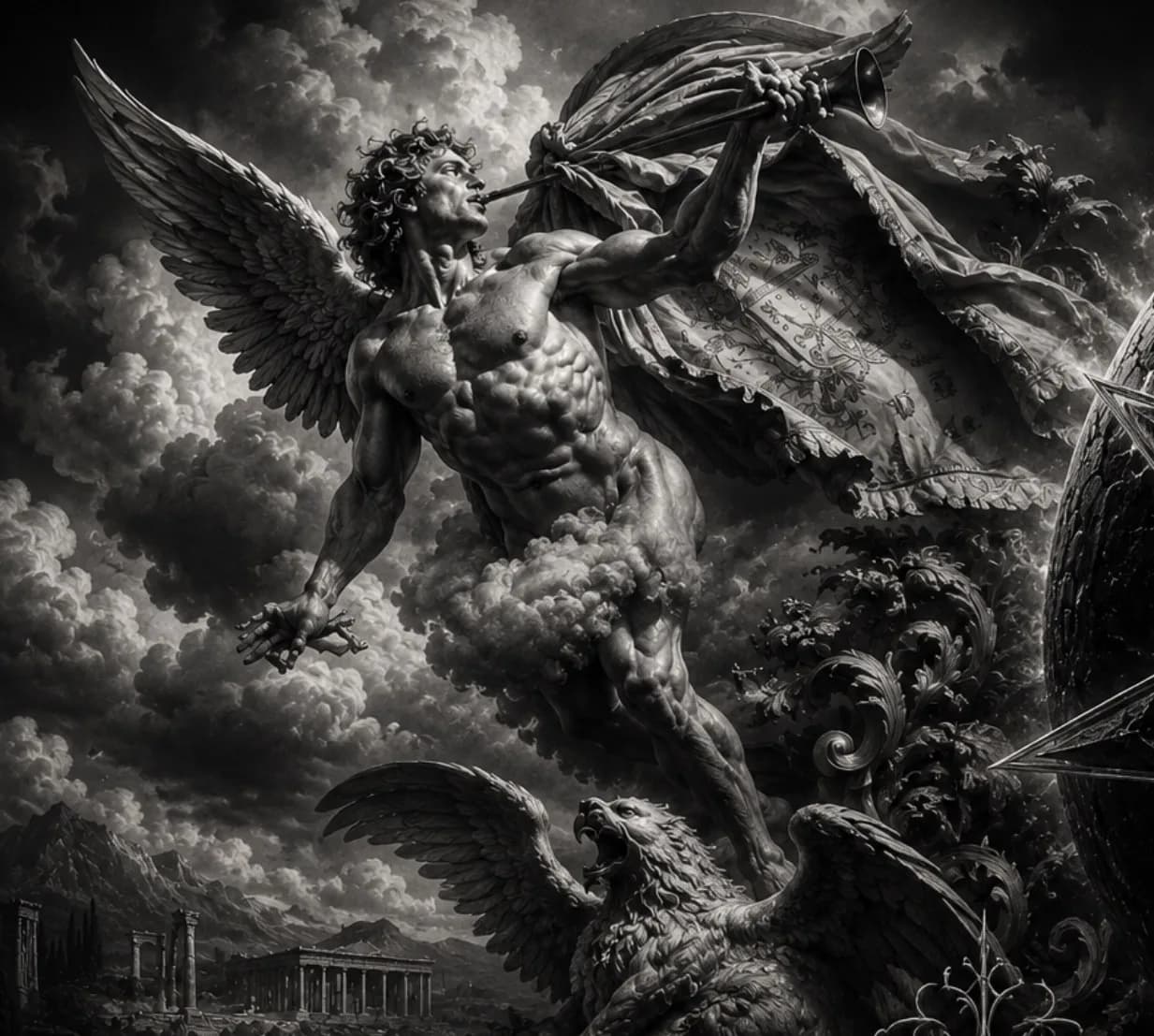 An engraved scene of a winged figure sounding a trumpet above a griffin, with a classical temple in the valley below