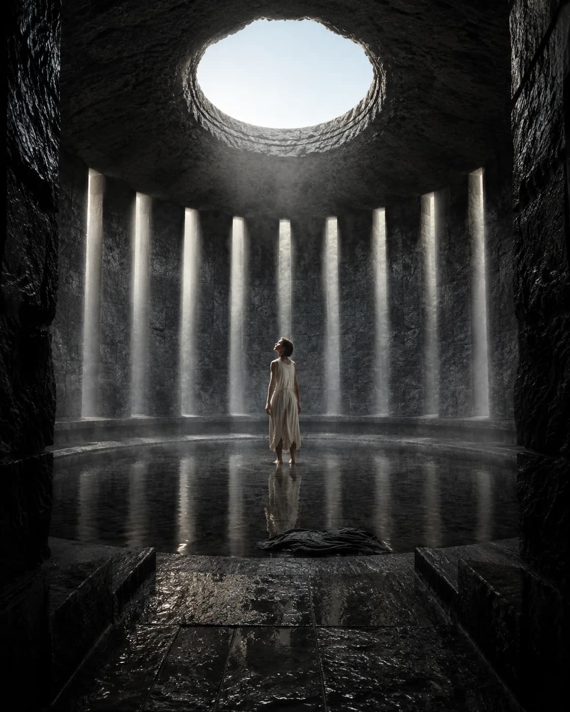 A barefoot initiate in white standing in a shallow circular pool beneath an oculus, shafts of light falling through slots in the curved stone wall